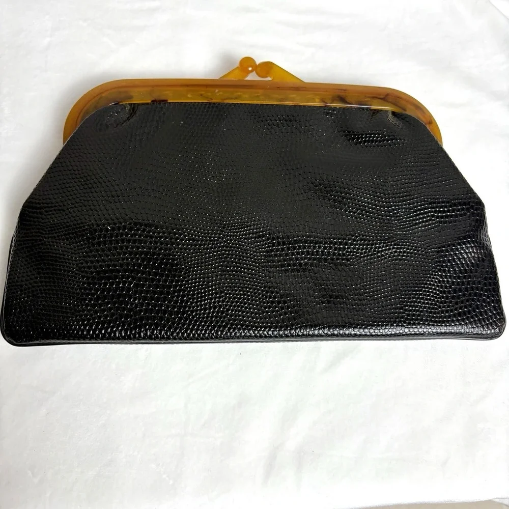 Vintage 70s Black Faux Snakeskin Clutch With Tortoiseshell Lucite Kisslock Frame